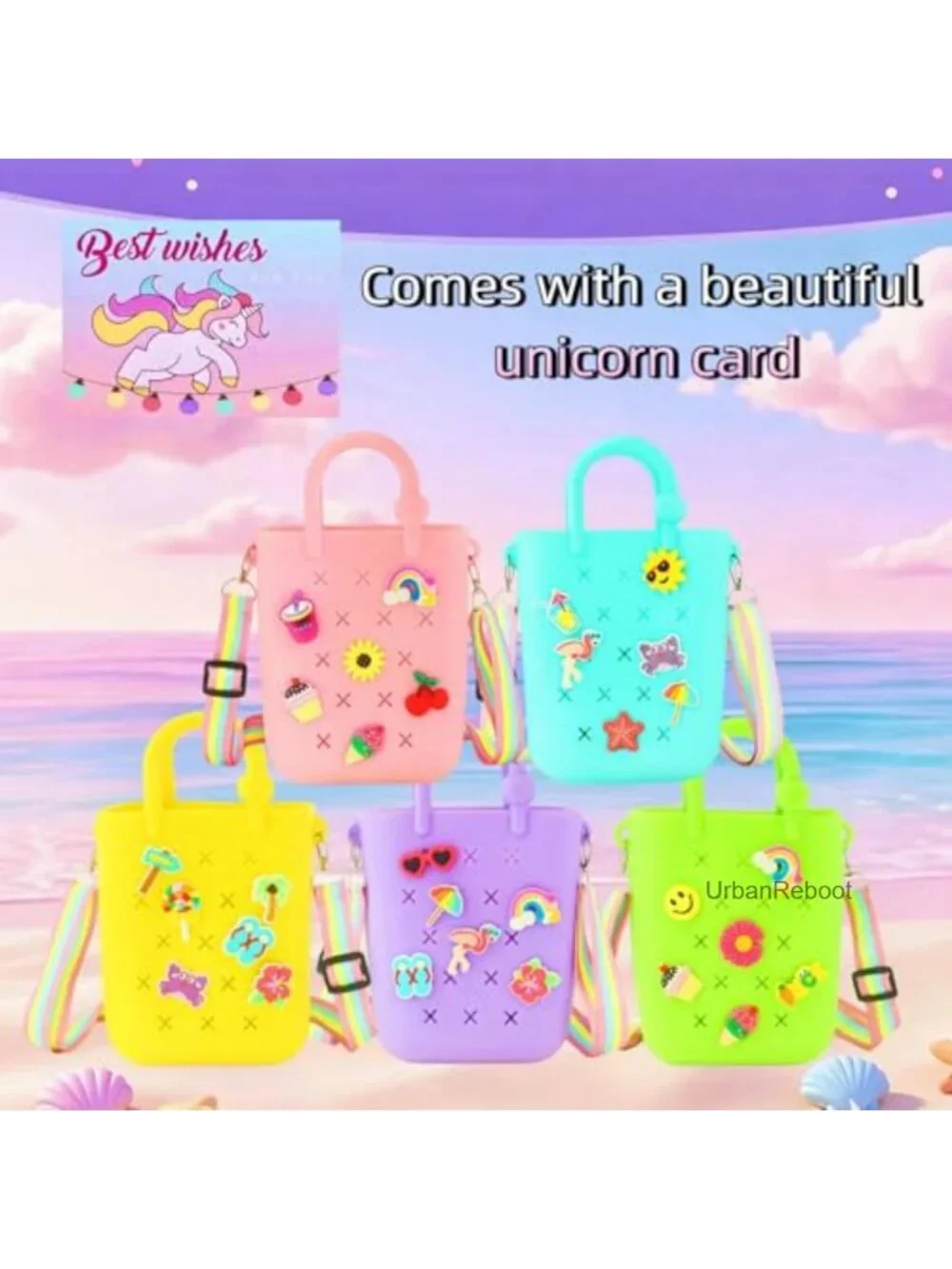 Mini Silicone Beach Bag Crossbody Tote with 6 DIY Charms
